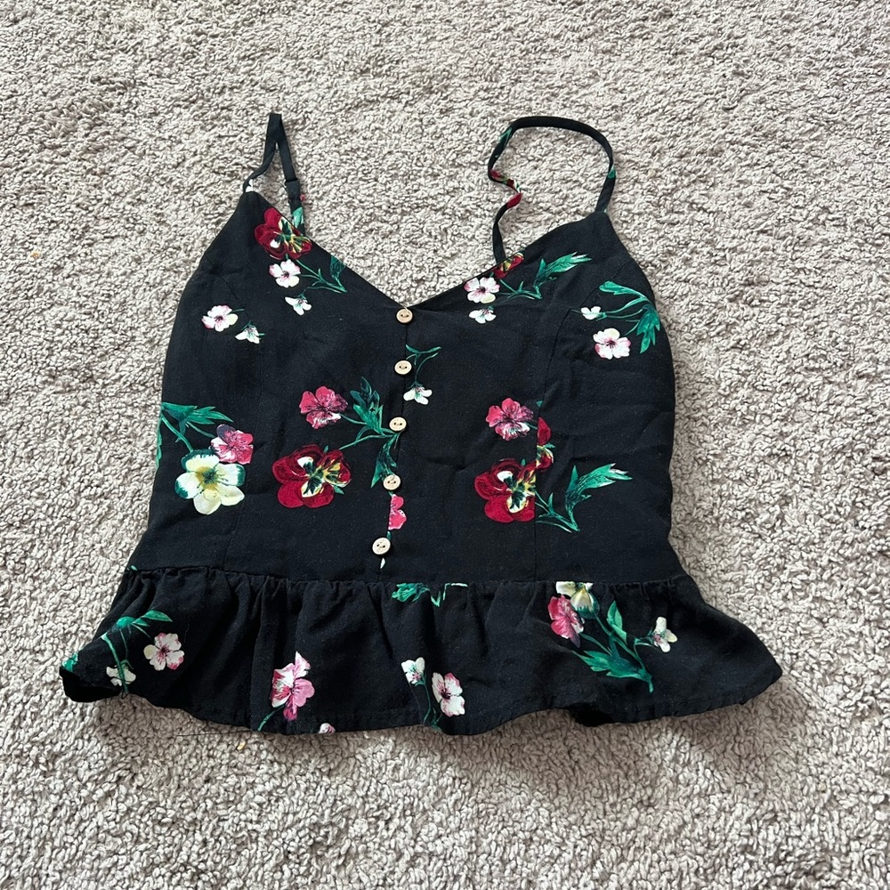 Black, floral, crop top, tank top.